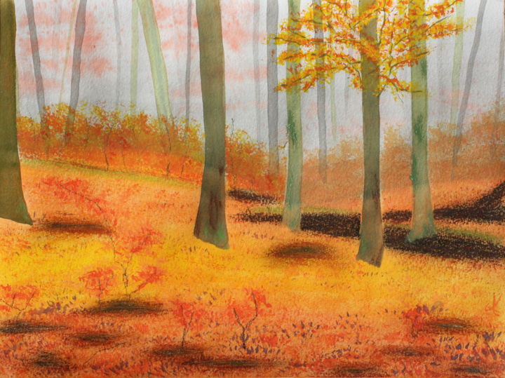 Painting titled "Forêt en automne" by Anne Fayet-Massat, Original Artwork, Watercolor