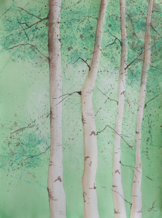 Schilderij getiteld "Bouleaux vert amande" door Anne Fayet-Massat, Origineel Kunstwerk, Aquarel