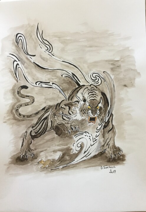 Peinture intitulée "Tigre en colère" par Anne Fortoul, Œuvre d'art originale, Aquarelle