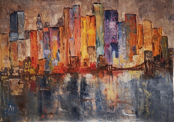 Painting titled "Manhattan" by Anne Gobin, Original Artwork, Acrylic Mounted on Wood Stretcher frame