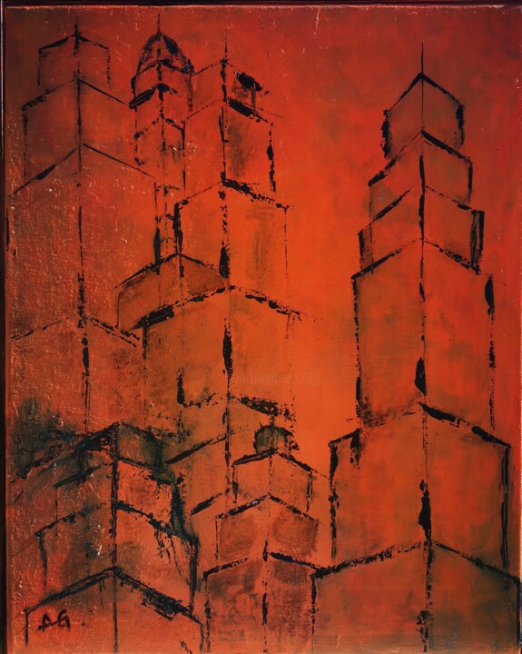 Malarstwo zatytułowany „Building” autorstwa Anne Gobin, Oryginalna praca, Akryl Zamontowany na Drewniana rama noszy