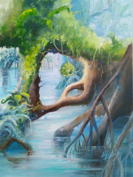 Painting titled "Fantastik Mangrove" by Anne Hamelin, Original Artwork, Acrylic