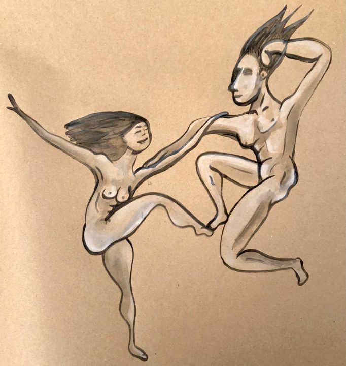 Drawing titled "Couple de danseurs" by Anne Armande Haxaire, Original Artwork, Acrylic