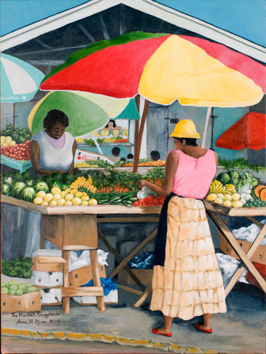 Pintura titulada "The Market - Bridge…" por Anne Heather Moore, Obra de arte original, Oleo