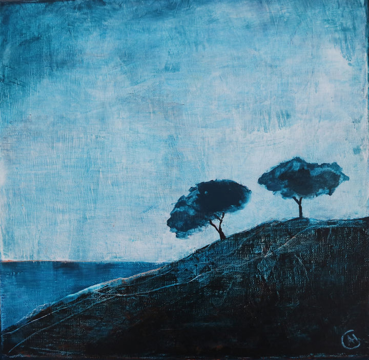 Painting titled "Petit-paysage-bleu-…" by Anne Hervy, Original Artwork, Acrylic