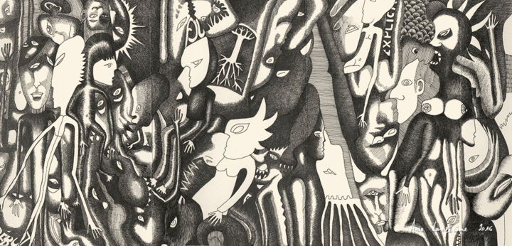 Disegno intitolato "La horde p3" da Anne Langérôme, Opera d'arte originale, Inchiostro