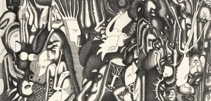 Dessin intitulée "La horde p3 180°" par Anne Langérôme, Œuvre d'art originale, Encre