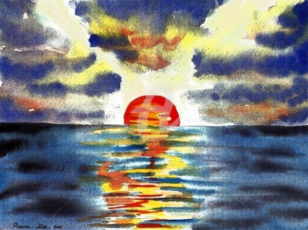 Pintura intitulada "Soleil couchant sur…" por Anne-Lise Surjus, Obras de arte originais, Aquarela