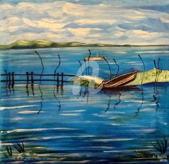 Painting titled "Lac nuageux..." by Anne-Lise Surjus, Original Artwork, Acrylic
