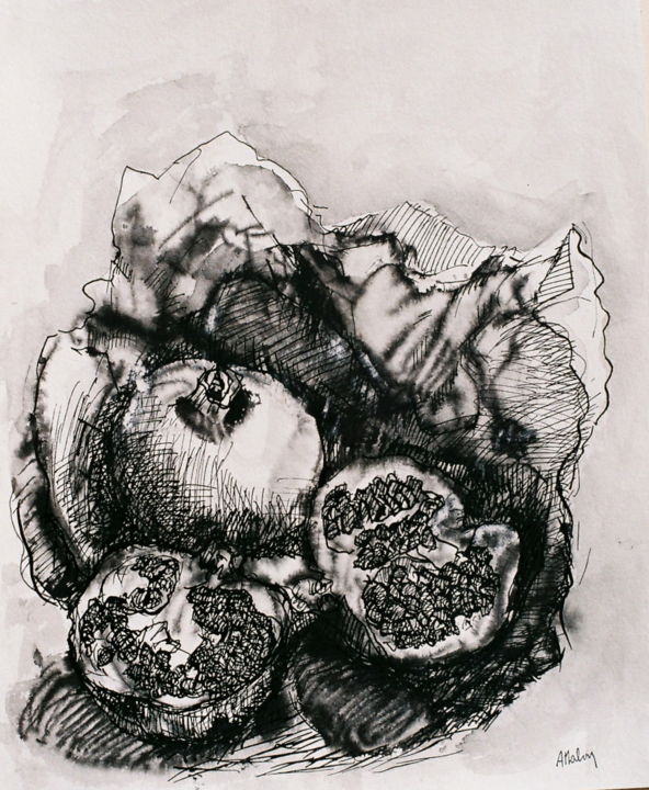 Dessin intitulée "Les grenades" par Anne Malvy, Œuvre d'art originale, Encre