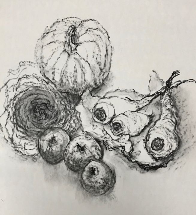Drawing titled "Potiron et légumes…" by Anne Malvy, Original Artwork