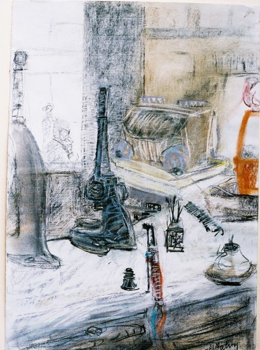 Drawing titled "Les instruments" by Anne Malvy, Original Artwork, Pastel