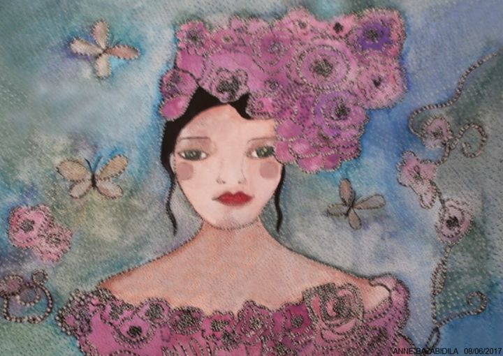 Painting titled "MADEMOISELLE FLORALE" by Anne Bazabidila, Original Artwork, Ink