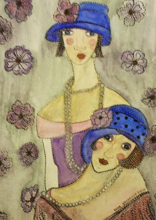 Malerei mit dem Titel "LES FEMMES AUX CHAP…" von Anne Bazabidila, Original-Kunstwerk, Tinte