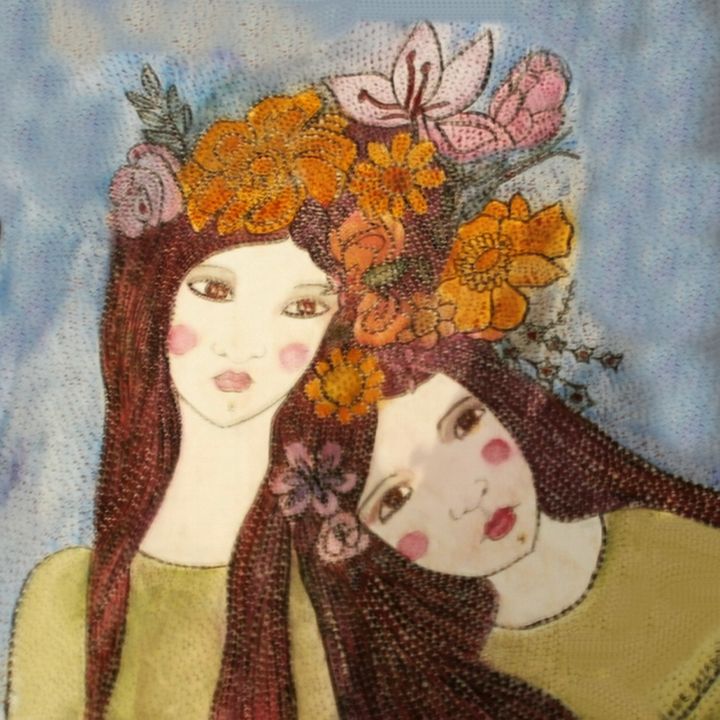 Painting titled "SOEURS DE COEUR" by Anne Bazabidila, Original Artwork, Ink