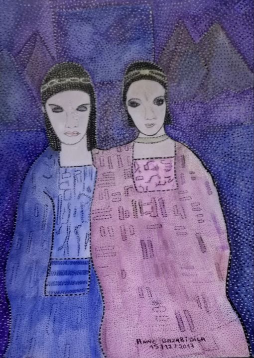 Painting titled "LES SOEURS D' EGYPTE" by Anne Bazabidila, Original Artwork, Ink