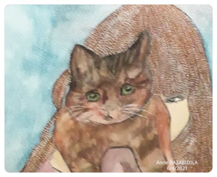Pintura titulada "ELLE AND CAT" por Anne Bazabidila, Obra de arte original, Acuarela