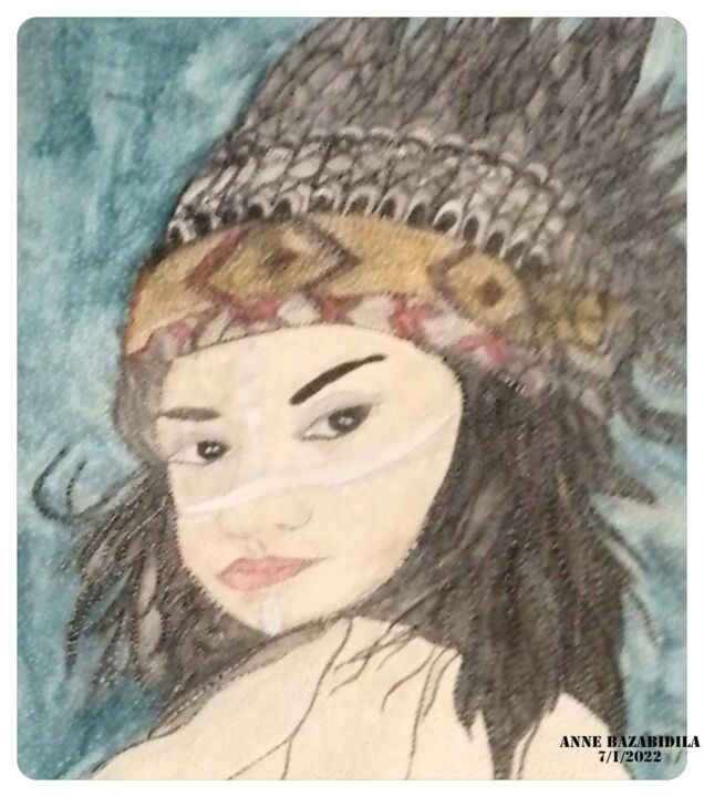 Pintura titulada "My pretty indian in…" por Anne Bazabidila, Obra de arte original, Acuarela