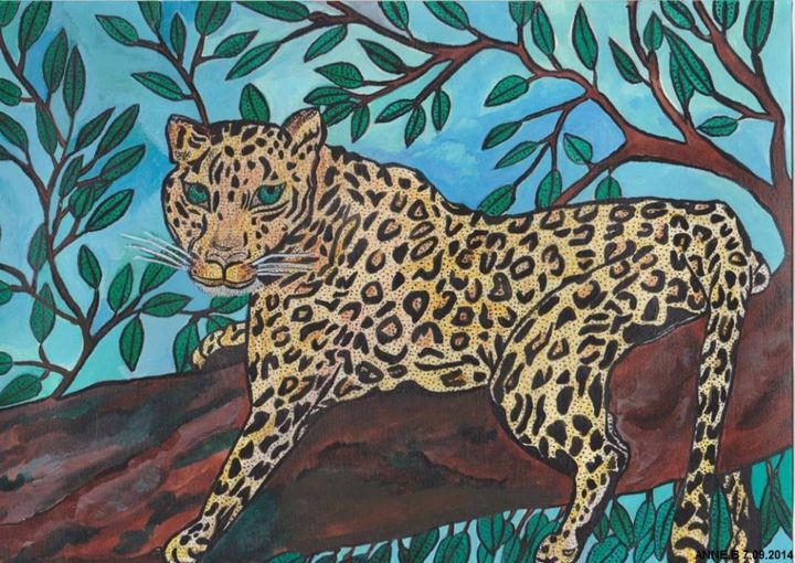 Peinture intitulée "LEO LE LEOPARD" par Anne Bazabidila, Œuvre d'art originale, Encre