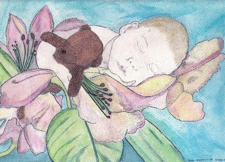 Painting titled "CHUTTTT BEBE DORT" by Anne Bazabidila, Original Artwork, Ink