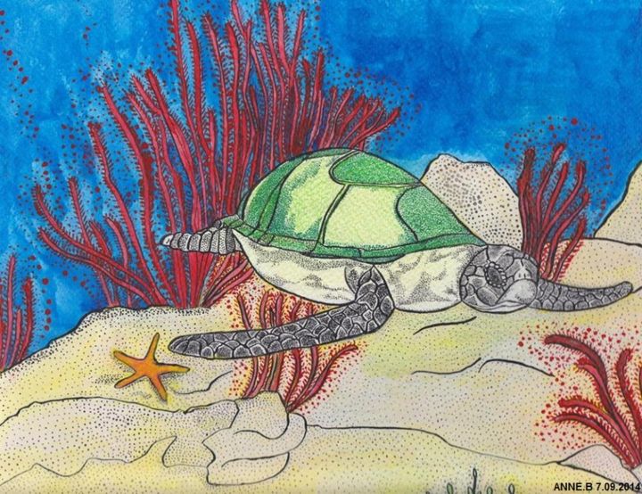 Painting titled "TORTUE DE MER" by Anne Bazabidila, Original Artwork, Ink