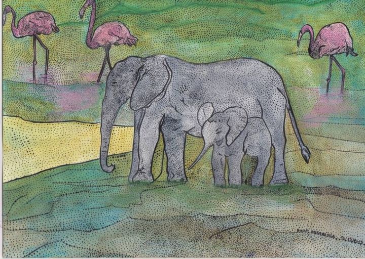 Peinture intitulée "FAMILLE ÉLÉPHANTS E…" par Anne Bazabidila, Œuvre d'art originale, Encre