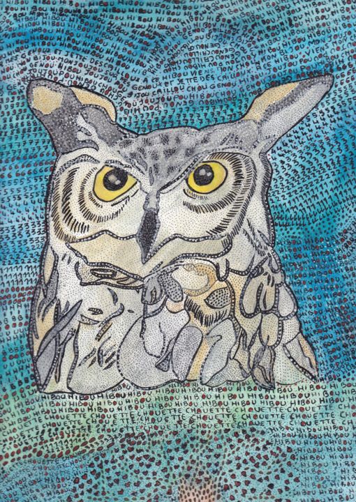 Malerei mit dem Titel "JE SUIS UN HIBOU" von Anne Bazabidila, Original-Kunstwerk, Tinte