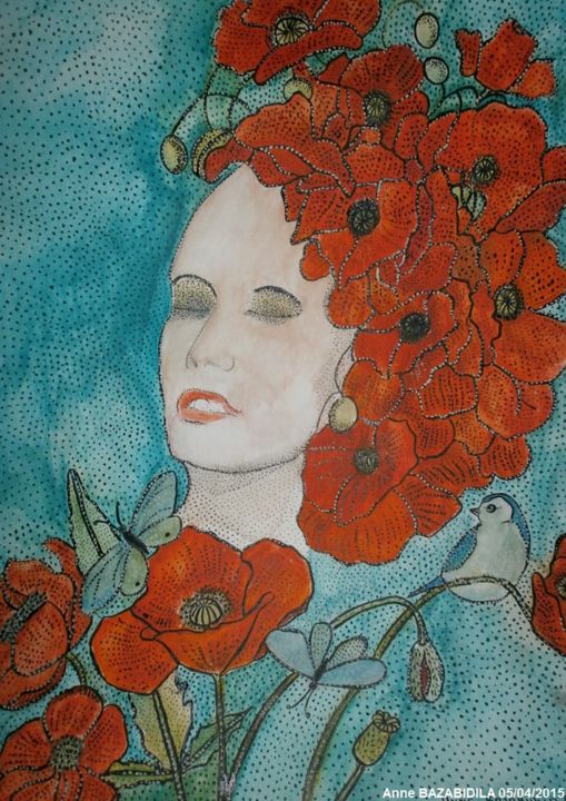 Peinture intitulée "FLOWERS RED" par Anne Bazabidila, Œuvre d'art originale, Encre