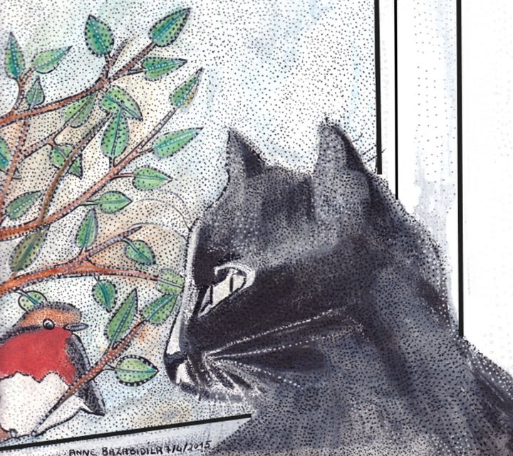 Peinture intitulée "DIALOGUE DE CHAT" par Anne Bazabidila, Œuvre d'art originale, Encre