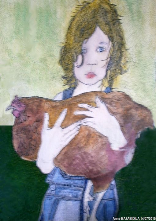 Painting titled "MI GALLINA (MA POUL…" by Anne Bazabidila, Original Artwork, Ink