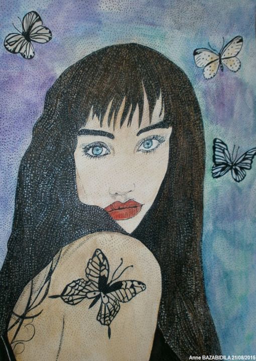 Painting titled "THE TATTOOED WOMAN" by Anne Bazabidila, Original Artwork, Ink