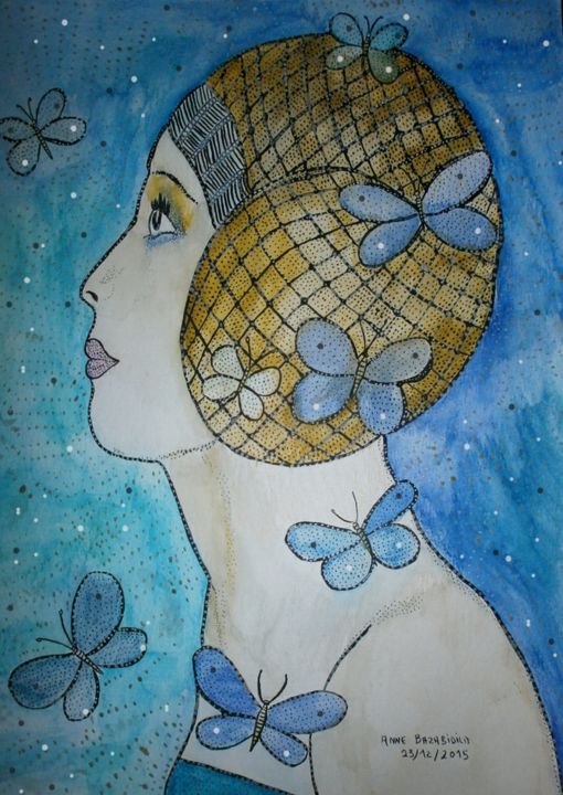 Painting titled "Mademoiselle PAPILL…" by Anne Bazabidila, Original Artwork, Ink