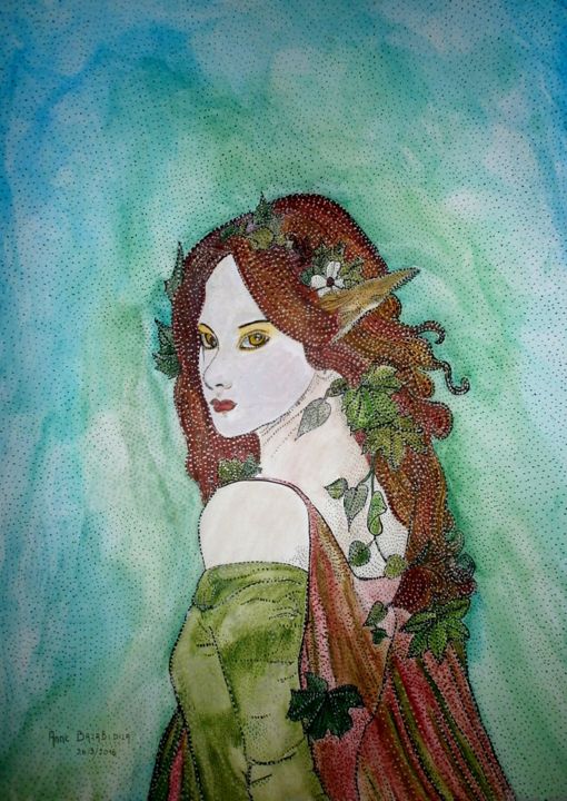 Painting titled "UNE JOLIE ELFE" by Anne Bazabidila, Original Artwork, Ink