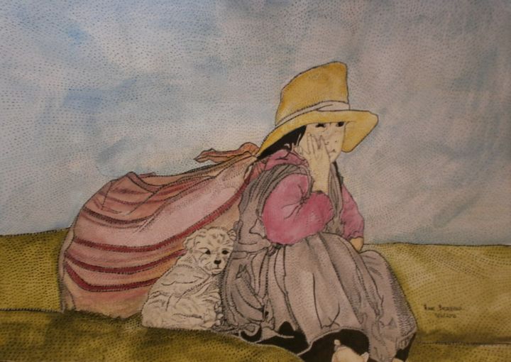 Painting titled "LA NIETA Y SU PEQUE…" by Anne Bazabidila, Original Artwork, Ink