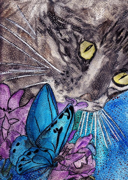 Painting titled "THE CAT AND THE BUT…" by Anne Bazabidila, Original Artwork, Ink