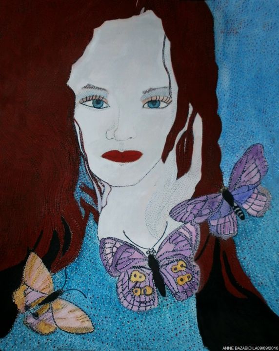 Painting titled "THE YOUNG LADY WITH…" by Anne Bazabidila, Original Artwork, Ink