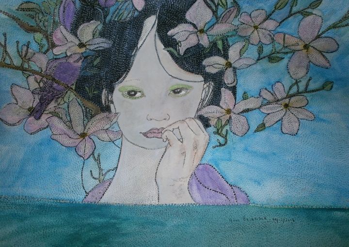 Painting titled "JEUNE FILLE EN FLEU…" by Anne Bazabidila, Original Artwork, Ink