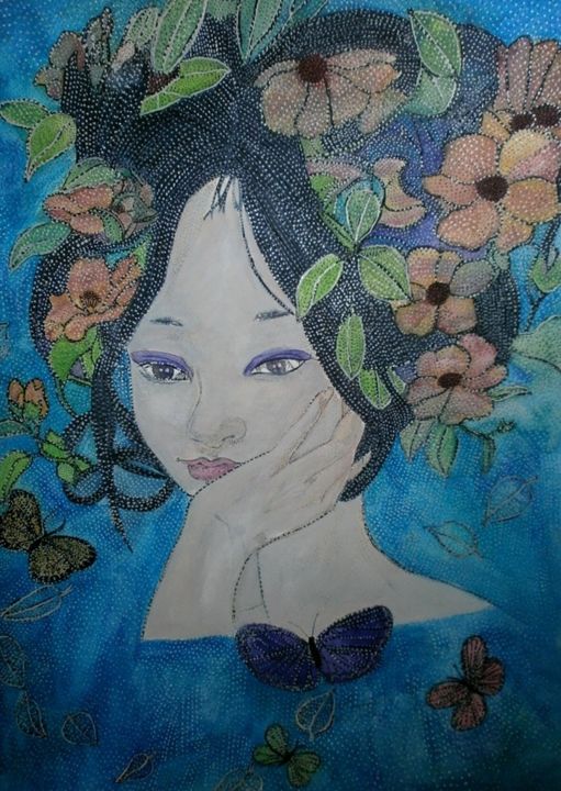 Peinture intitulée "FLEURS DU JAPON ET…" par Anne Bazabidila, Œuvre d'art originale, Encre