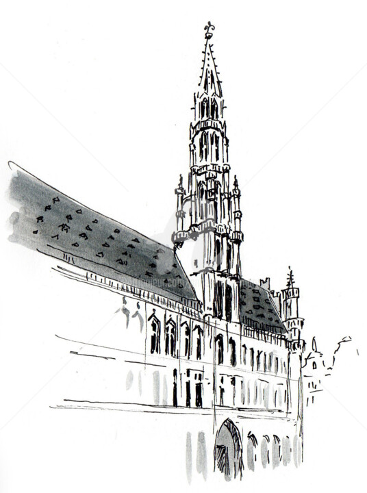 Rysunek zatytułowany „Hôtel de ville Brux…” autorstwa Anne-Marie Mary, Oryginalna praca, Atrament