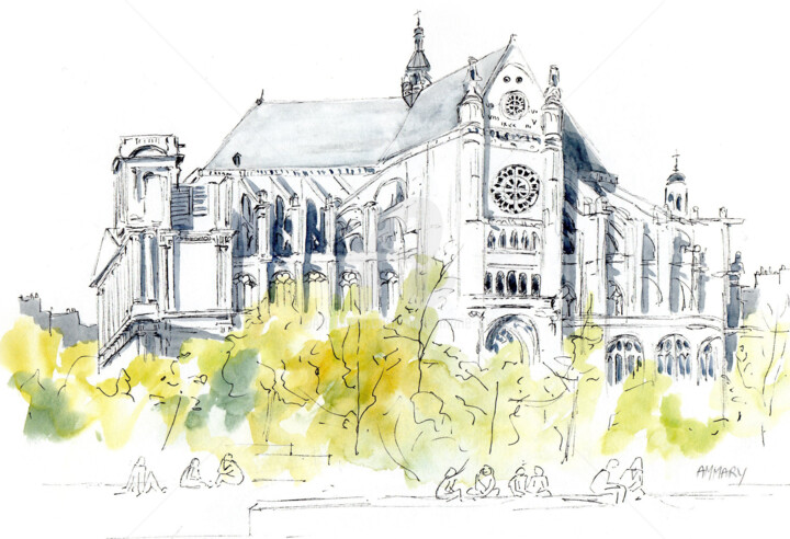 Schilderij getiteld "Eglise St Eustache…" door Anne-Marie Mary, Origineel Kunstwerk