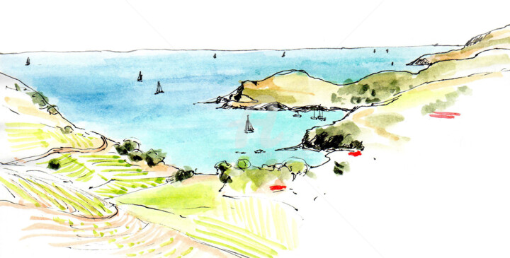 Drawing titled "Au dessus de Port-V…" by Anne-Marie Mary, Original Artwork, Watercolor