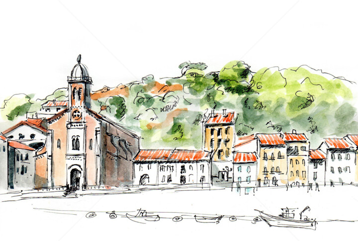 Drawing titled "Port-Vendres" by Anne-Marie Mary, Original Artwork, Watercolor