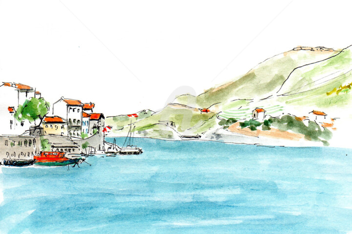 「Port-Vendres 2」というタイトルの描画 Anne-Marie Maryによって, オリジナルのアートワーク, 水彩画