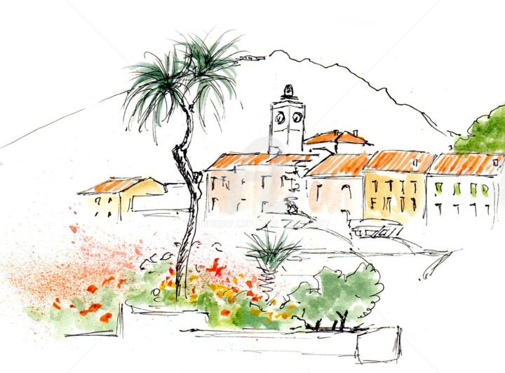 Desenho intitulada "Port-Vendres 3" por Anne-Marie Mary, Obras de arte originais, Aquarela