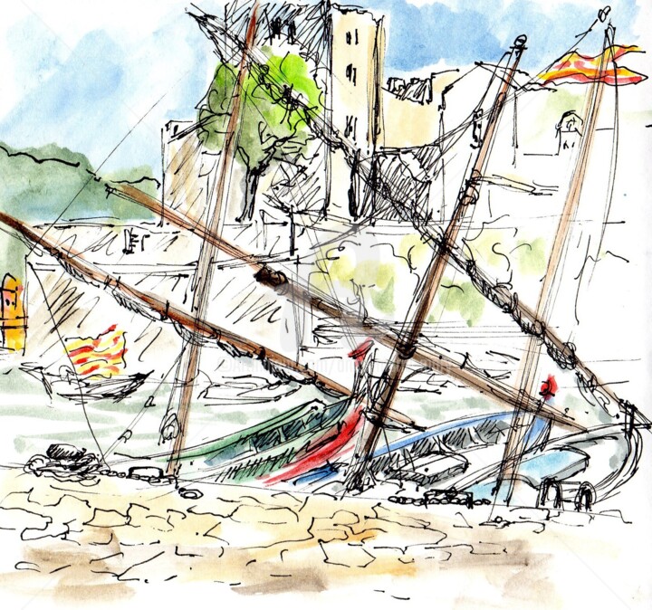 Drawing titled "Collioure : les bar…" by Anne-Marie Mary, Original Artwork, Ink
