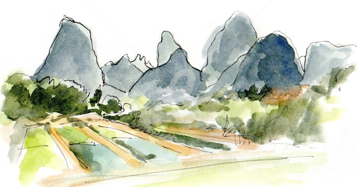 Zeichnungen mit dem Titel "Guiling  Chine" von Anne-Marie Mary, Original-Kunstwerk, Aquarell