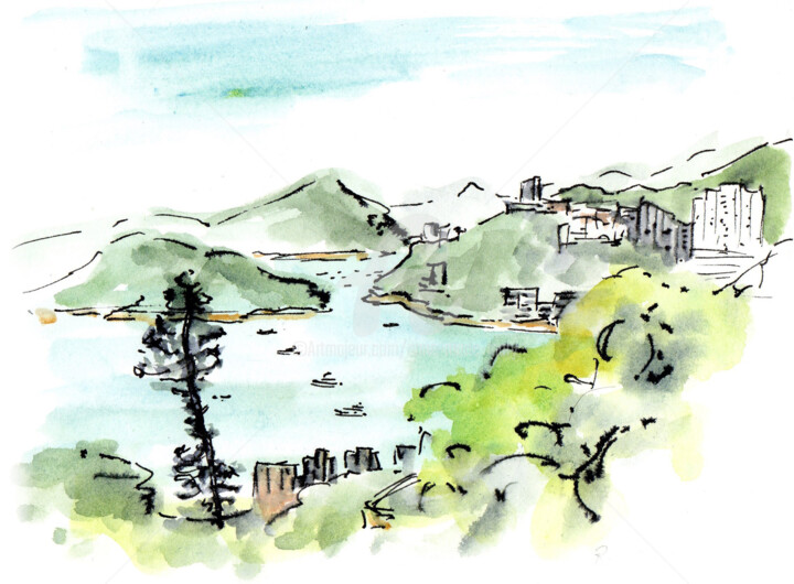 Drawing titled "Hong Kong" by Anne-Marie Mary, Original Artwork, Watercolor