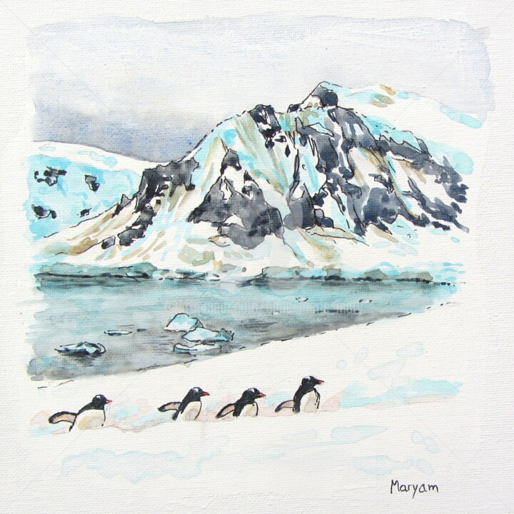 Painting titled "(7)Manchots papous…" by Anne-Marie Mary, Original Artwork, Watercolor Mounted on Other rigid panel