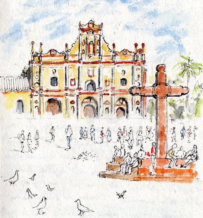 Dessin intitulée "Mexique: la cathédr…" par Anne-Marie Mary, Œuvre d'art originale, Aquarelle