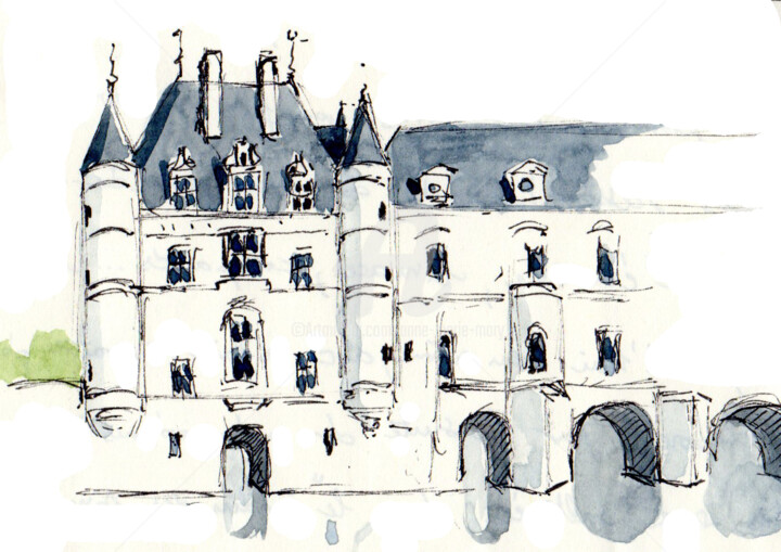 Dessin intitulée "Château de Chenonce…" par Anne-Marie Mary, Œuvre d'art originale, Aquarelle